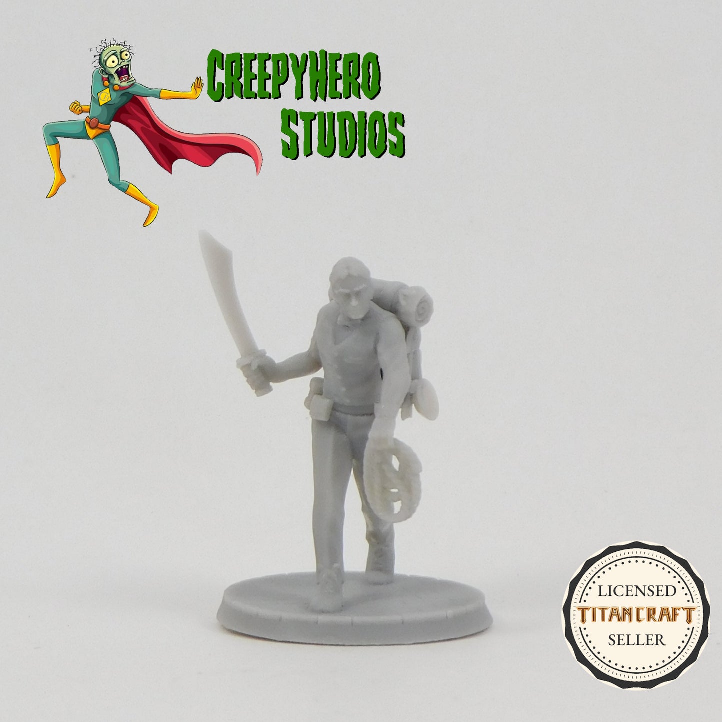 3D Resin Printed 28mm Scale Pulp Era Ally with sword and rope miniature