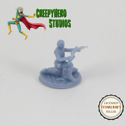 3D Resin Printed 28mm Scale Pulp Hero firing pistol and holding map Miniature