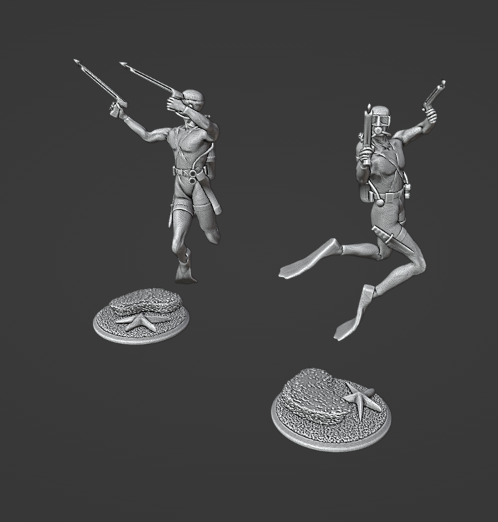 Modern Scuba Diver with two harpoons miniature and base STL files for 3D Printing