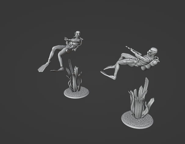 Modern Scuba Diver with harpoon gun with reed base miniature STL files for 3D Printing